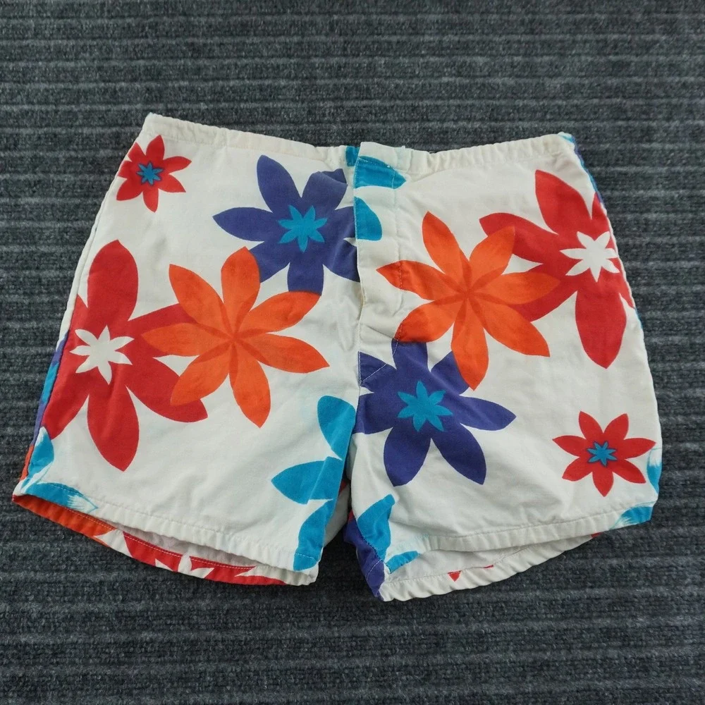 60s Vintage Cotton Board Shorts 30 White Multicolor Floral Print Surf Trunks